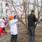 Команды \"Отзывчивые сердца\" и \"Твори добро\" вешают свои добрые дела на дерево. Фото: Алеся Копылова. 